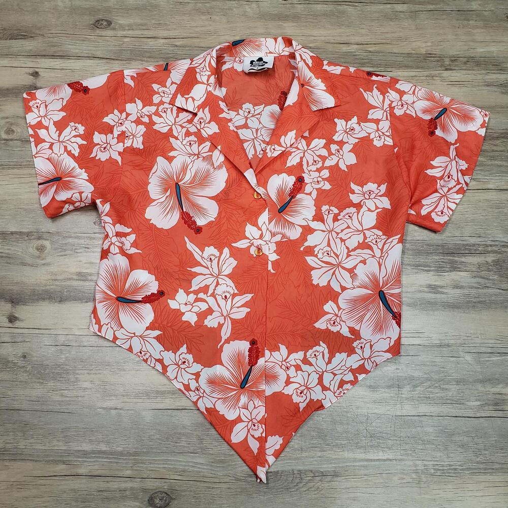 Hilo Hattie Shirt Womens Small Orange Floral Hawaiian Handkerchief Hem Top